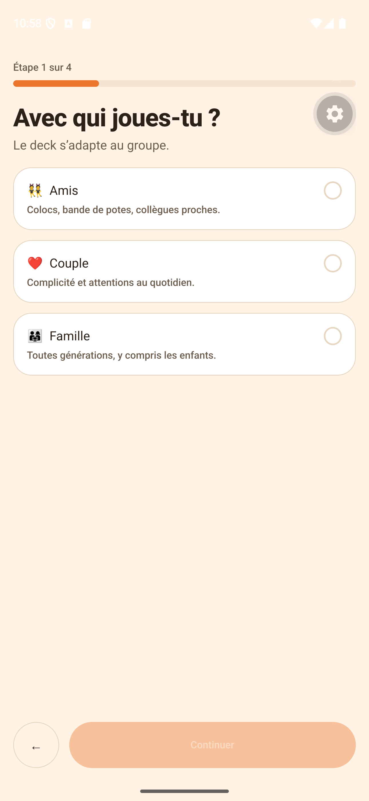 Écran de création de partie : choix du mode amis, couple ou famille