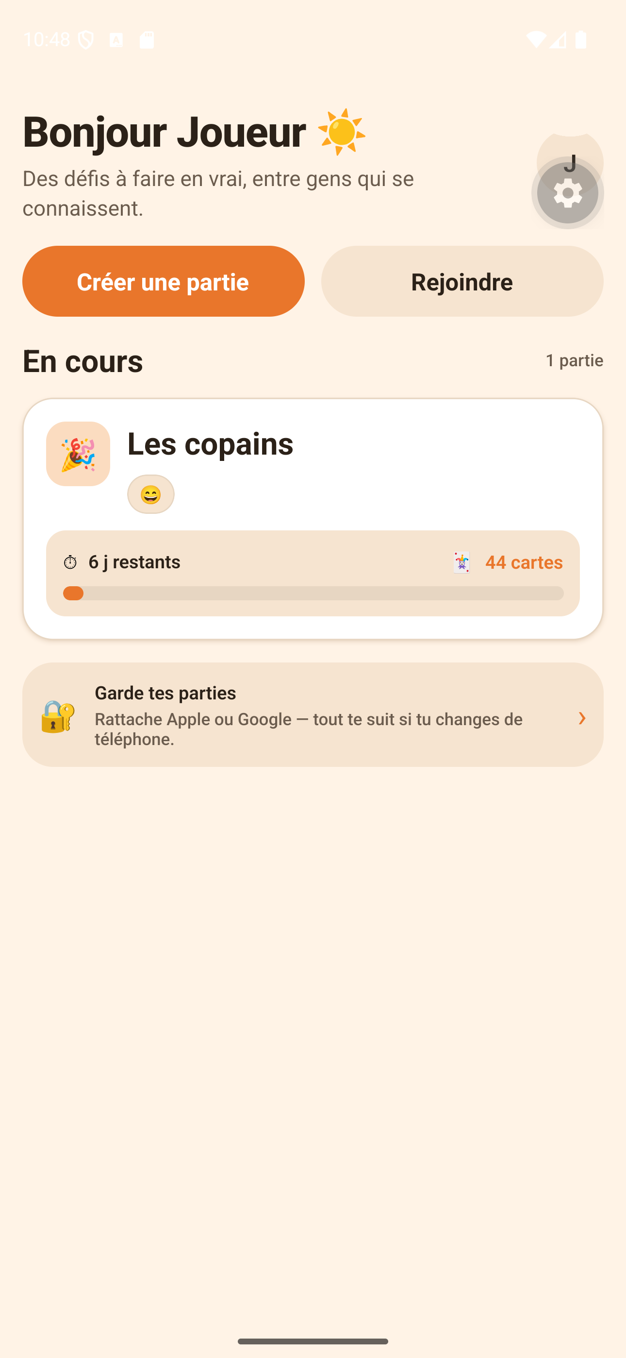Accueil avec une partie en cours