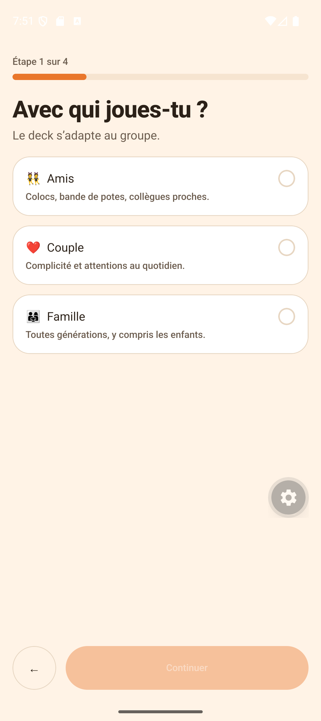 Écran de création de partie : choix du mode amis, couple ou famille