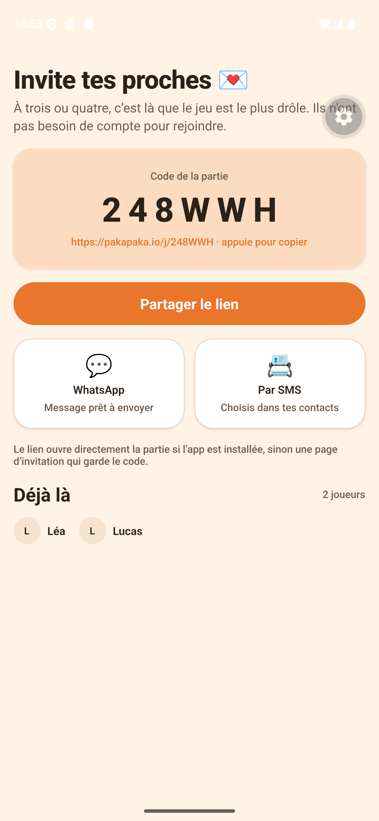 Écran d’invitation : code de partie et partage du lien