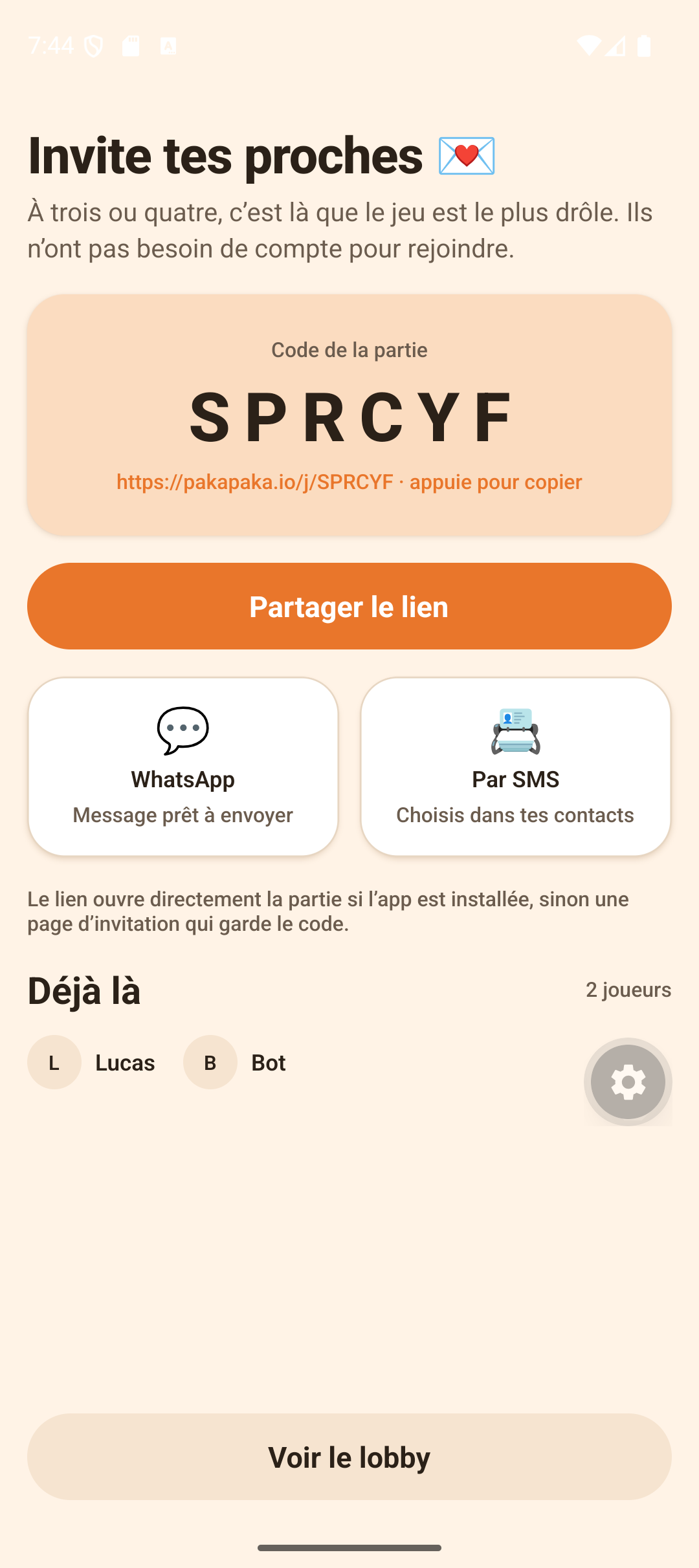 Écran pour inviter des amis à une partie